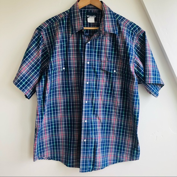 Wrangler Mens Short Sleeve Pearl Snap Blue Pink Plaid Western Casual Shirt Sz XL - Picture 9 of 9